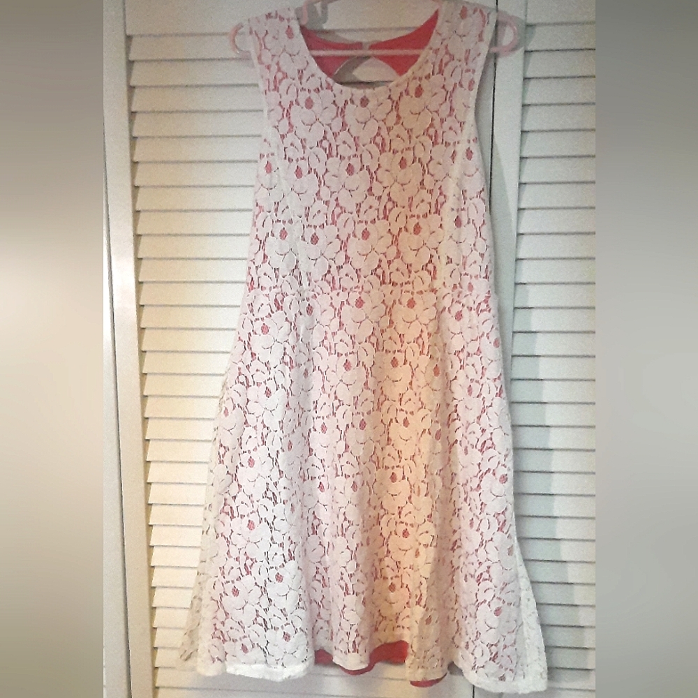 Girls white lace dress with pink silky underlay! sz. 14
